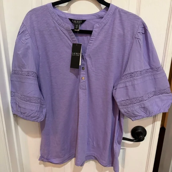 Ralph Lauren Black Label Lace-Trim Puff-Sleeve Henley XL NWT - Picture 2 of 6